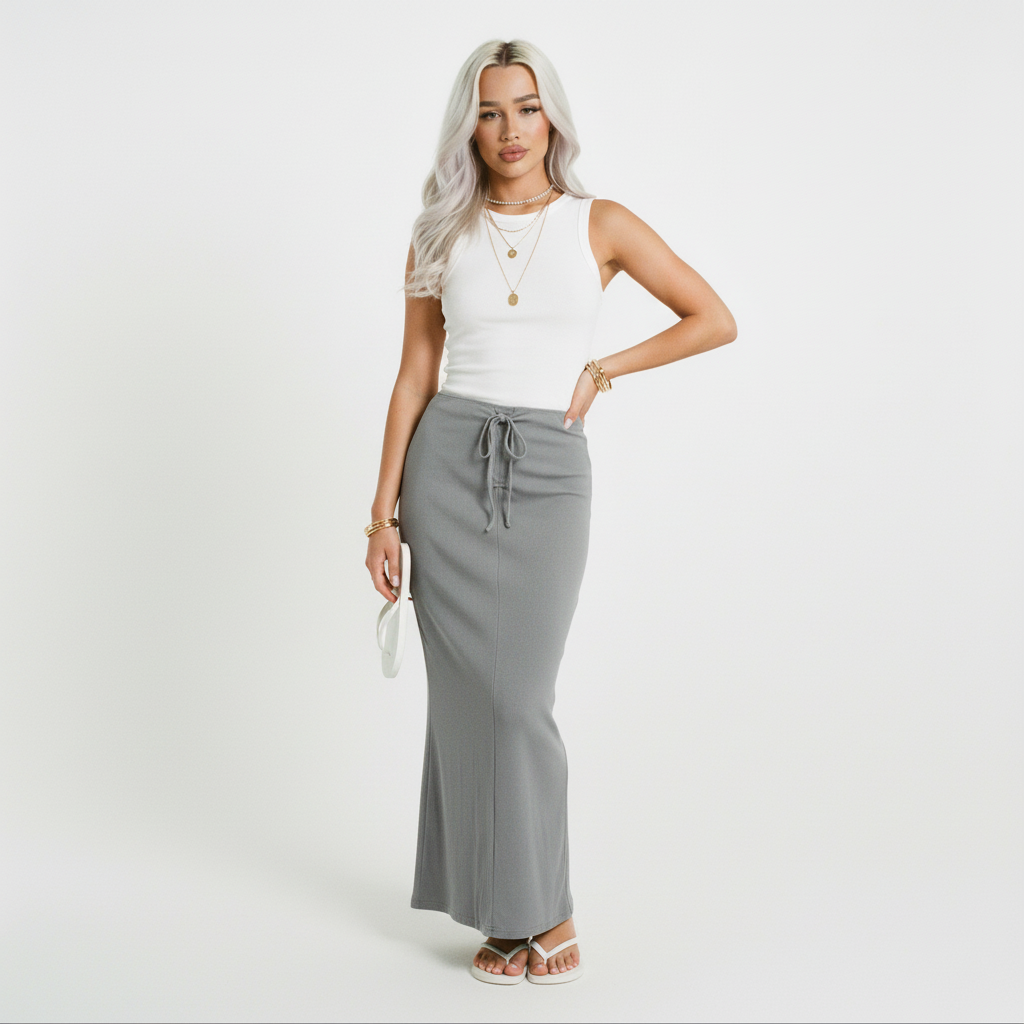 Dyed Washed Drawstring Maxi Skirt