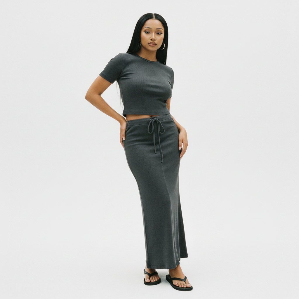 Dyed Washed Drawstring Maxi Skirt