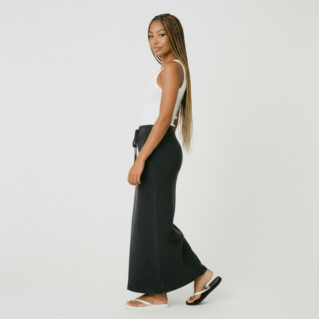 Dyed Washed Drawstring Maxi Skirt