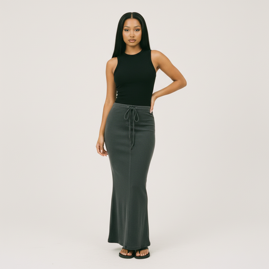 Dyed Washed Drawstring Maxi Skirt