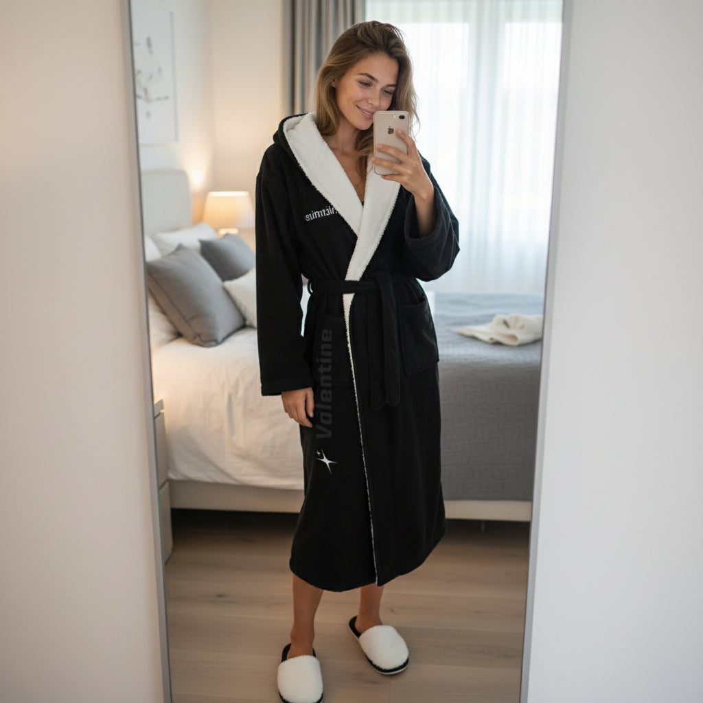 Black Flannel Hooded Bathrobe